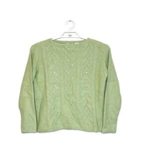 Vtg‎ WHITE STAG Women's Pastel Green Angora Cable Knit Sweater Sequin Y2K Sz L